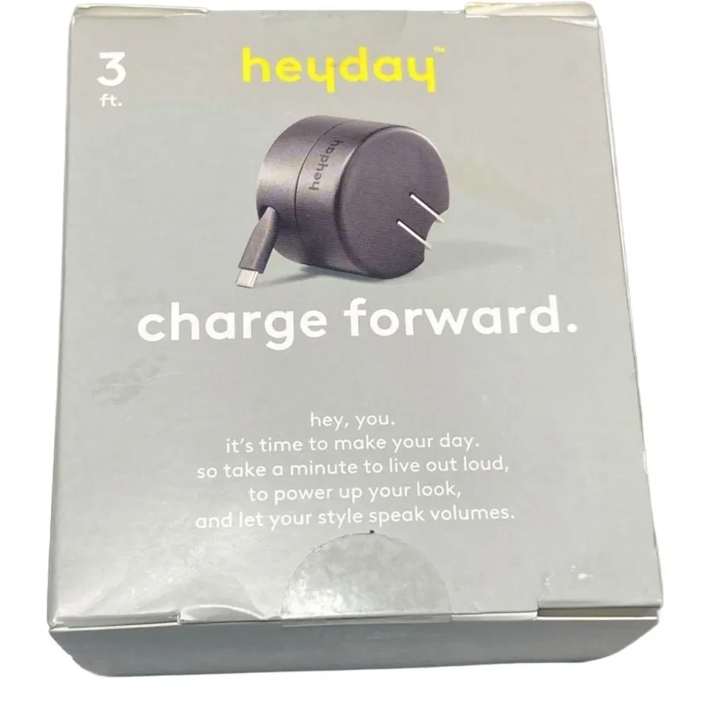 Heyday Wall Charger Retractable 3ft USB-C Cable Fast Charge Phone Tablet Black